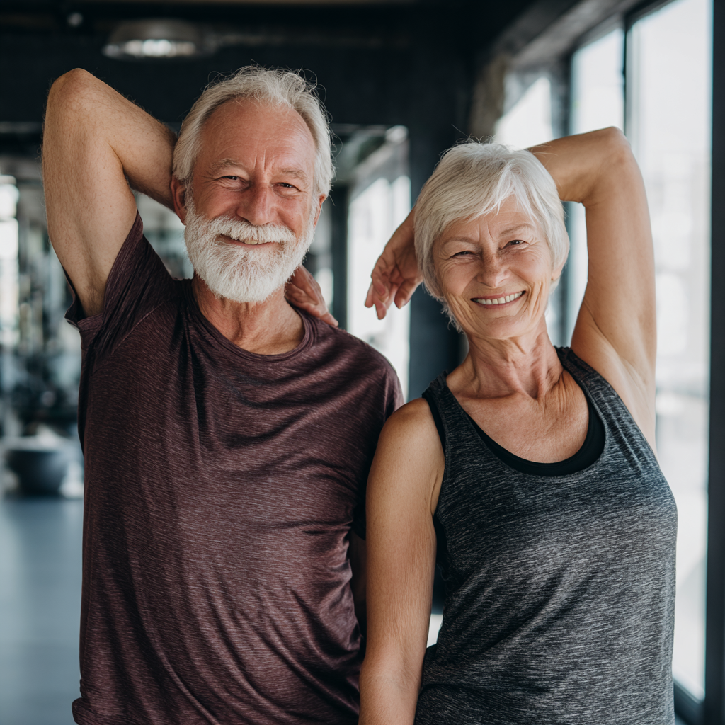 Smiling elderly European woman in fitness attire stretching outdoors with confidence and vitality