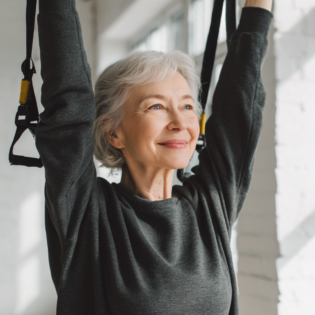 Group of smiling elderly European people in activewear after completing a successful fitness session together